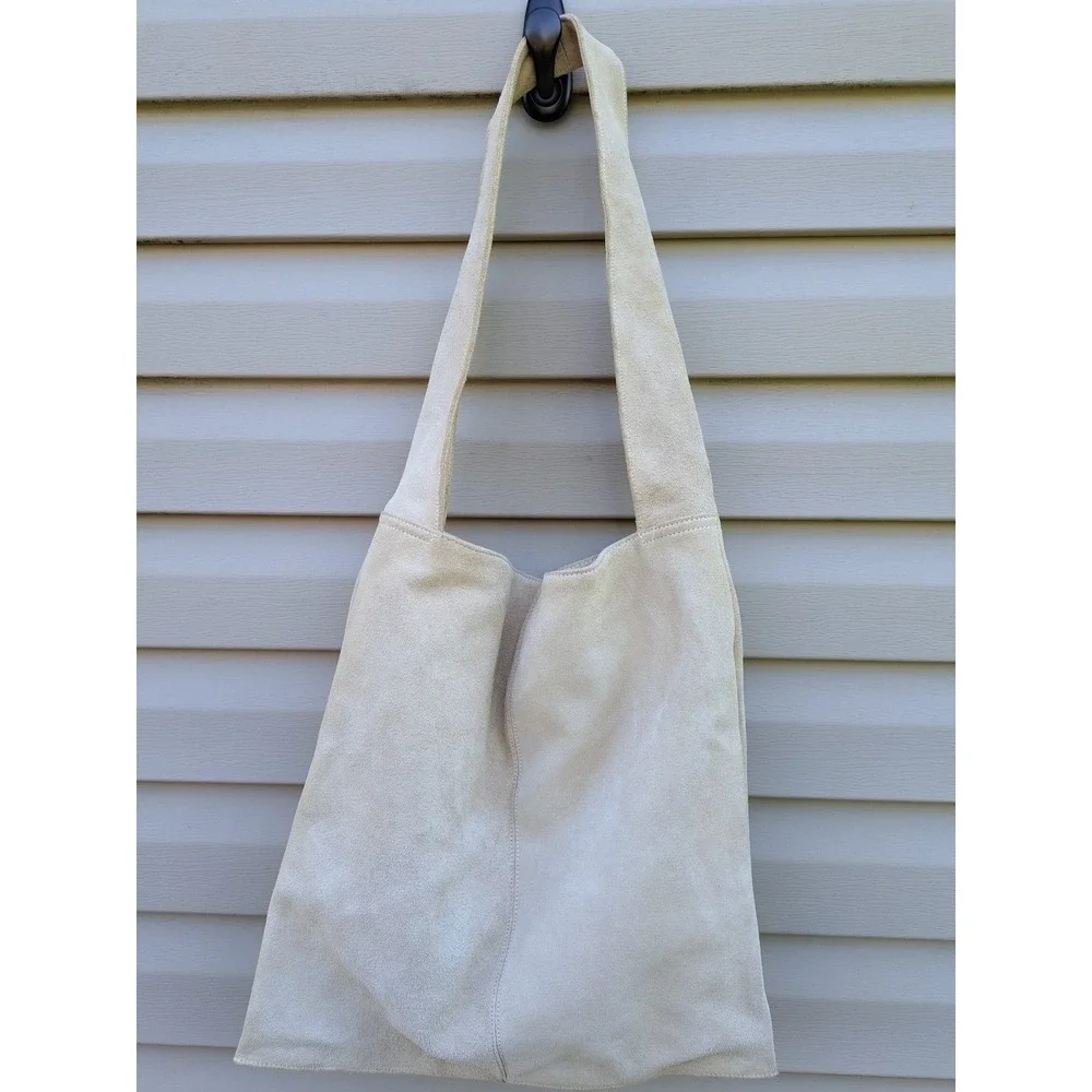 Tweeds Large Ivory Suede Leather Hobo Shoulder‎ Tote Bag Purse Vtg Cotton Lined